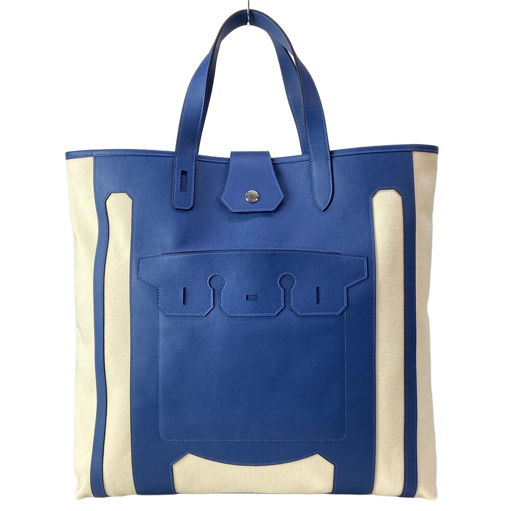 Hermès Monsieur B/Poutiers Tote Bag Cream Blue Toile H Evercolor